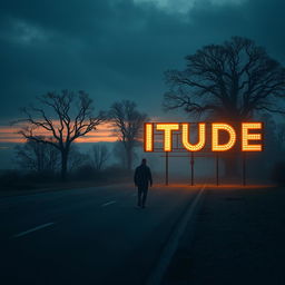 A solitary man walking alone on an empty road during a dark and cloudy sunrise, enveloped in a light fog