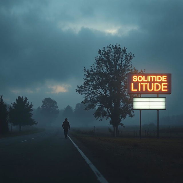 A solitary man walking alone on an empty road during a dark and cloudy sunrise, enveloped in a light fog