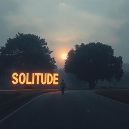 A solitary man walking alone on an empty road during a dark and cloudy sunrise, enveloped in a light fog