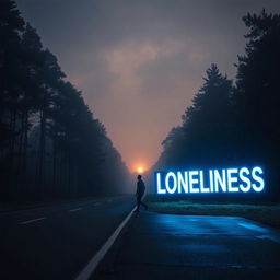 A solitary man walking alone on an empty road during a dark, cloudy sunrise, surrounded by a light fog