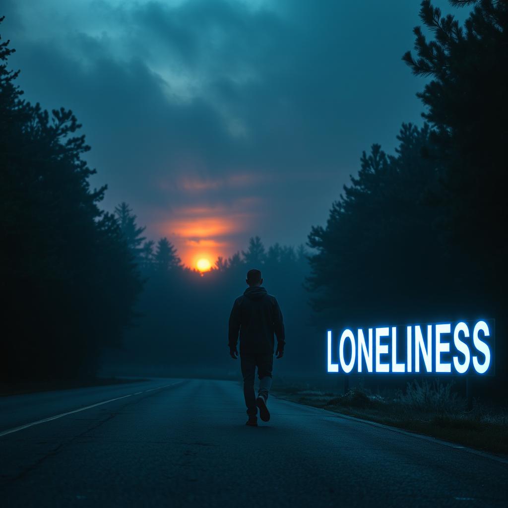 A solitary man walking alone on an empty road during a dark, cloudy sunrise, surrounded by a light fog