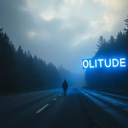 A solitary man walking on an empty road during a dark, cloudy sunrise, surrounded by a light fog