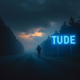 A solitary man walking on an empty road during a dark, cloudy sunrise, surrounded by a light fog