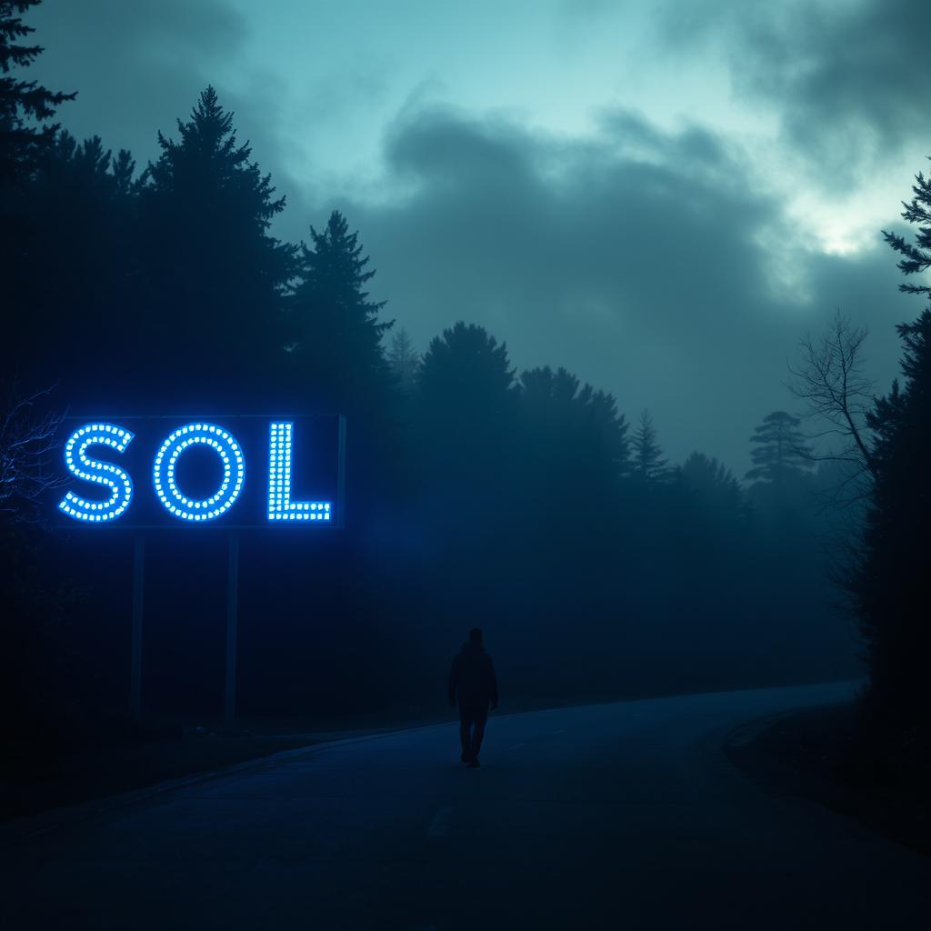 A solitary man walking on an empty road during a dark, cloudy sunrise, surrounded by a light fog