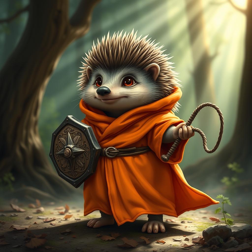 A whimsical Dungeons and Dragons hedgehog cleric, wearing an orange robe that fits snugly over its spiky form