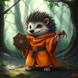 A whimsical Dungeons and Dragons hedgehog cleric, wearing an orange robe that fits snugly over its spiky form