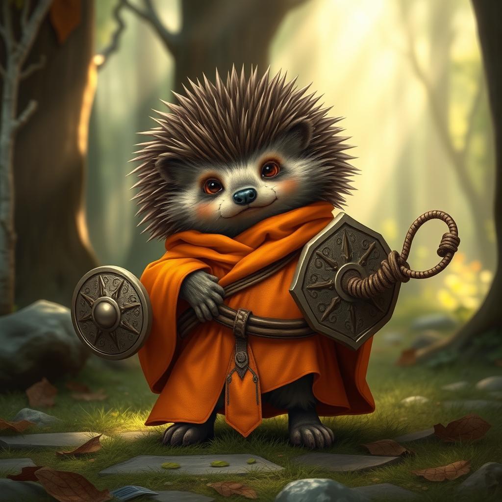 A whimsical Dungeons and Dragons hedgehog cleric, wearing an orange robe that fits snugly over its spiky form