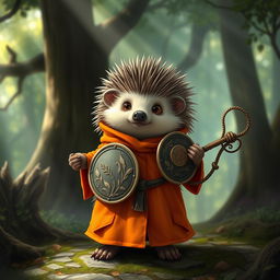 A whimsical Dungeons and Dragons hedgehog cleric, wearing an orange robe that fits snugly over its spiky form