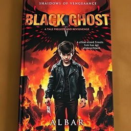 A dramatic book cover featuring a 12-year-old boy named Rafi with a European-Indonesian appearance, standing defiantly amidst raging flames