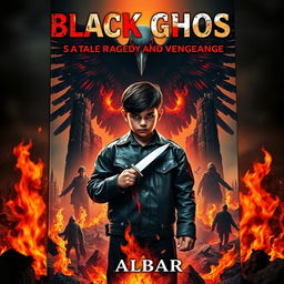 A dramatic book cover featuring a 12-year-old boy named Rafi with a European-Indonesian appearance, standing defiantly amidst raging flames