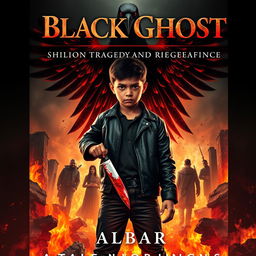 A dramatic book cover featuring a 12-year-old boy named Rafi with a European-Indonesian appearance, standing defiantly amidst raging flames