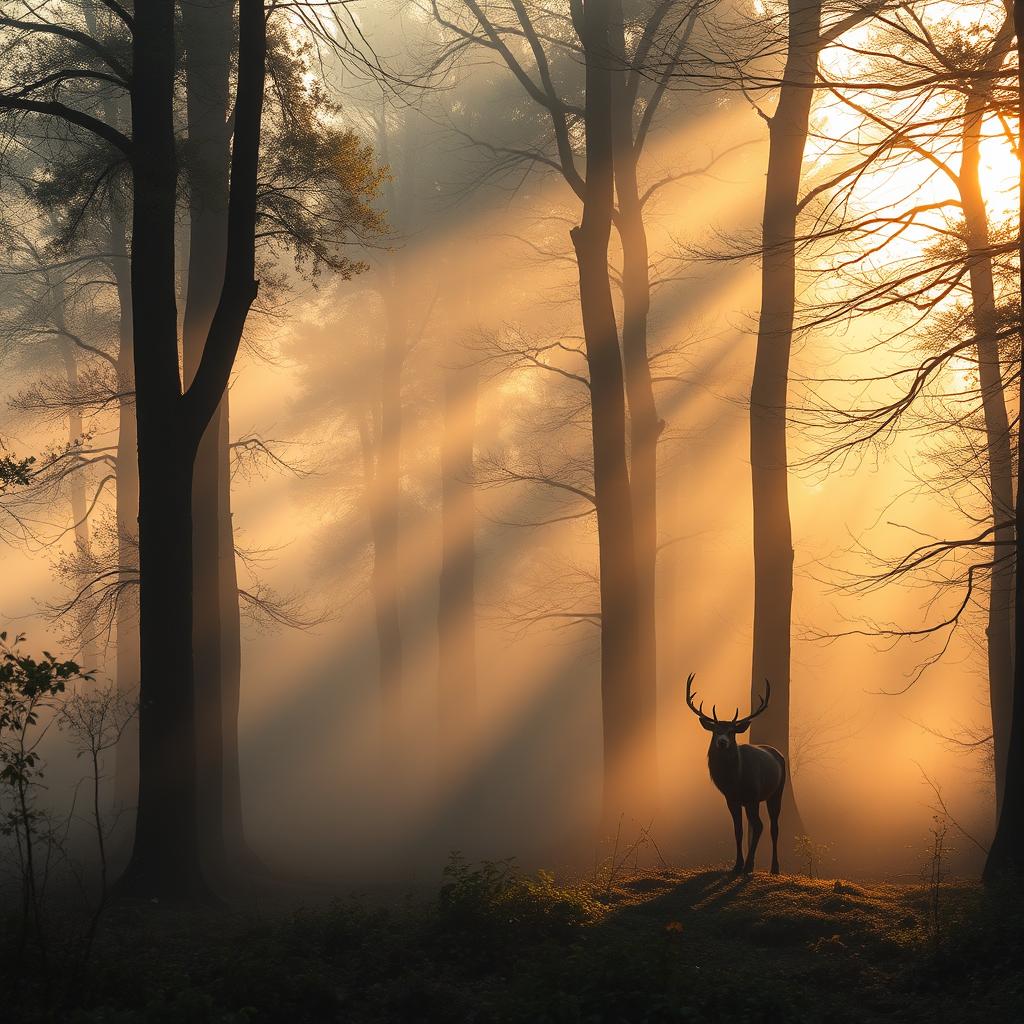 Whispering forest at dawn, mist hovering above the ground, sunlight streaming through the trees with golden hues