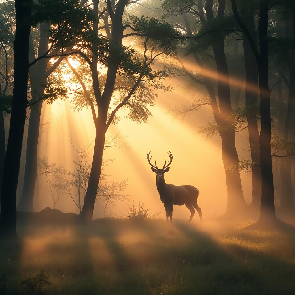 Whispering forest at dawn, mist hovering above the ground, sunlight streaming through the trees with golden hues