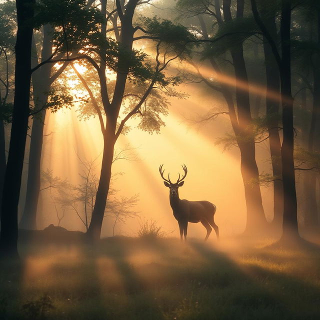 Whispering forest at dawn, mist hovering above the ground, sunlight streaming through the trees with golden hues