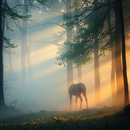 Whispering forest at dawn, mist hovering above the ground, sunlight streaming through the trees with golden hues