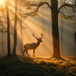 Whispering forest at dawn, mist hovering above the ground, sunlight streaming through the trees with golden hues