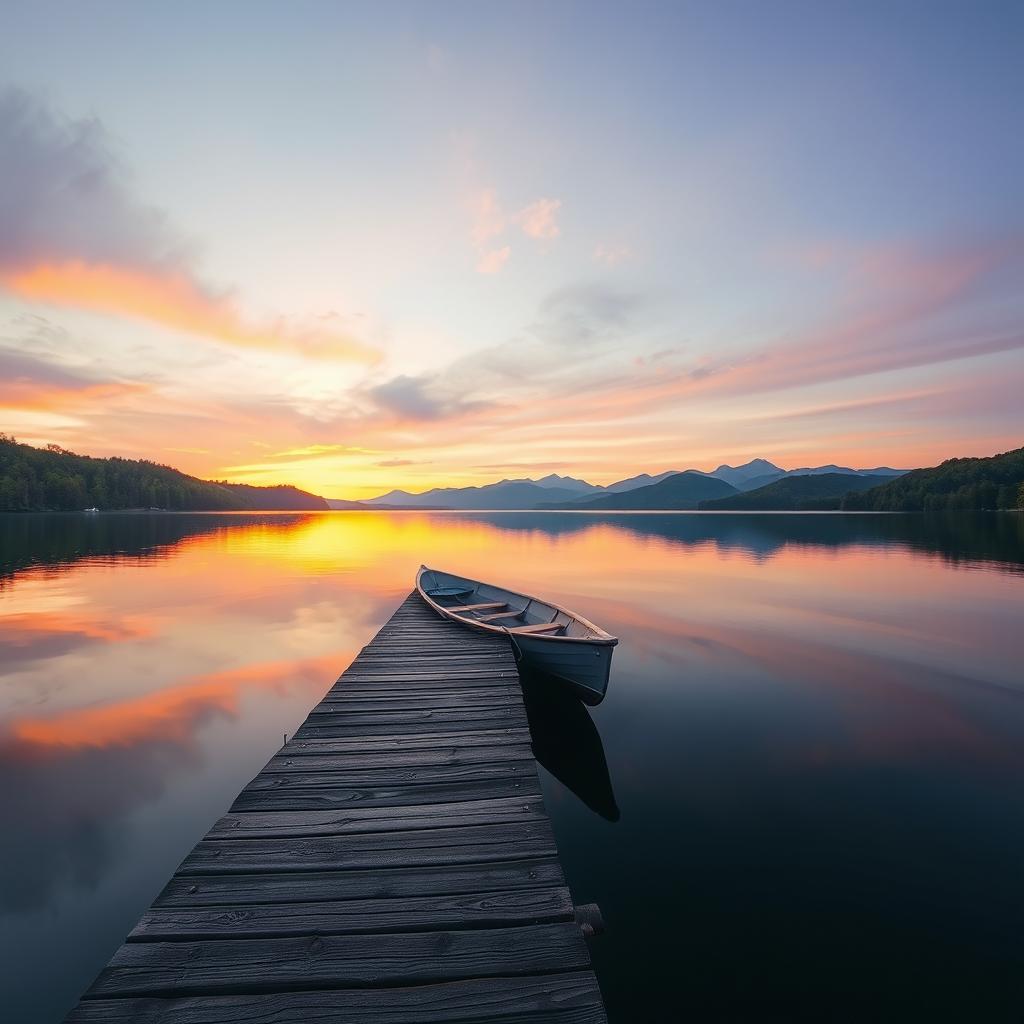 A serene landscape featuring a gentle sunrise over a peaceful lake, surrounded by lush green forests and distant mountains