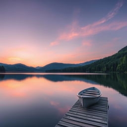 A serene landscape featuring a gentle sunrise over a peaceful lake, surrounded by lush green forests and distant mountains