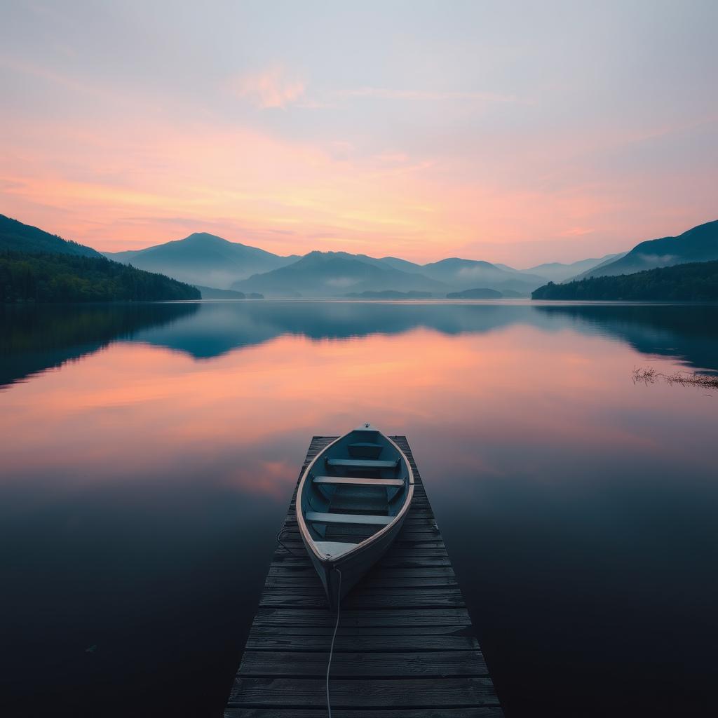 A serene landscape featuring a gentle sunrise over a peaceful lake, surrounded by lush green forests and distant mountains