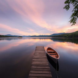 A serene landscape featuring a gentle sunrise over a peaceful lake, surrounded by lush green forests and distant mountains