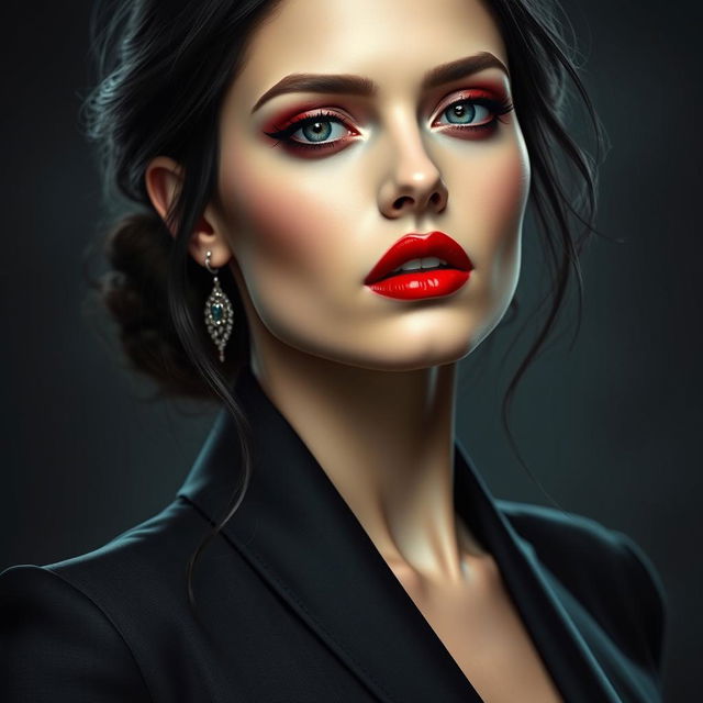 A vampire woman with features that blend Eiza Gonzalez and Isabelle Lightwood, showcasing her distinct beauty and elegance