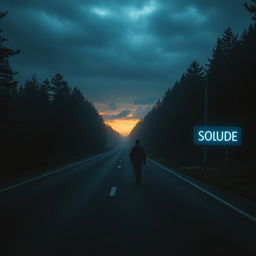 A solitary man walking on an empty road during a dark, cloudy sunrise, with a touch of fog adding to the mysterious atmosphere