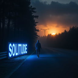 A solitary man walking on an empty road during a dark, cloudy sunrise, with a touch of fog adding to the mysterious atmosphere