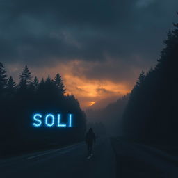 A solitary man walking on an empty road during a dark, cloudy sunrise, with a touch of fog adding to the mysterious atmosphere