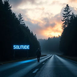 A solitary man walking on an empty road during a dark, cloudy sunrise, with a touch of fog adding to the mysterious atmosphere