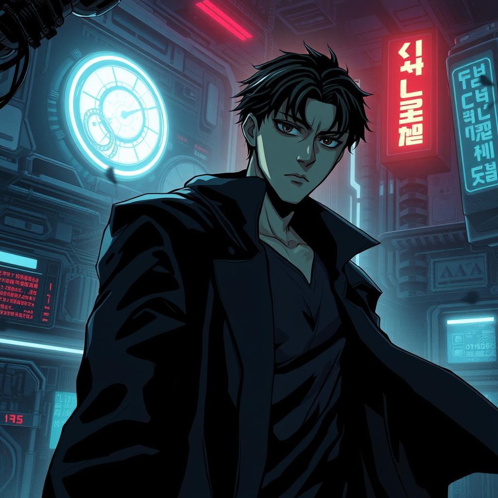 A dark sci-fi scene from a manhwa, featuring a mysterious male character in a dystopian, futuristic setting