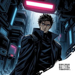 A dark sci-fi scene from a manhwa, featuring a mysterious male character in a dystopian, futuristic setting