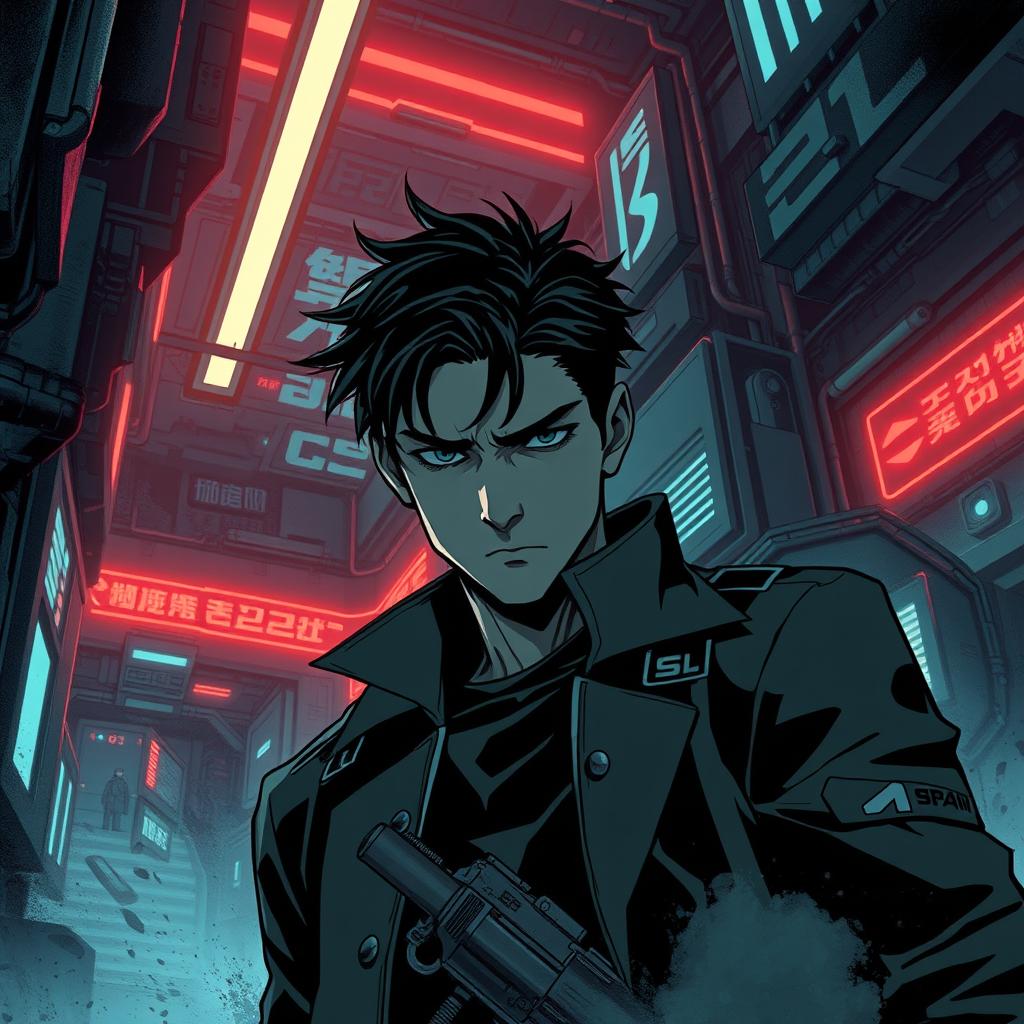 A dark sci-fi scene from a manhwa, featuring a mysterious male character in a dystopian, futuristic setting