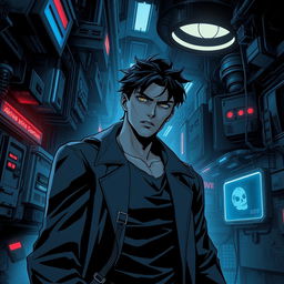 A dark sci-fi scene from a manhwa, featuring a mysterious male character in a dystopian, futuristic setting