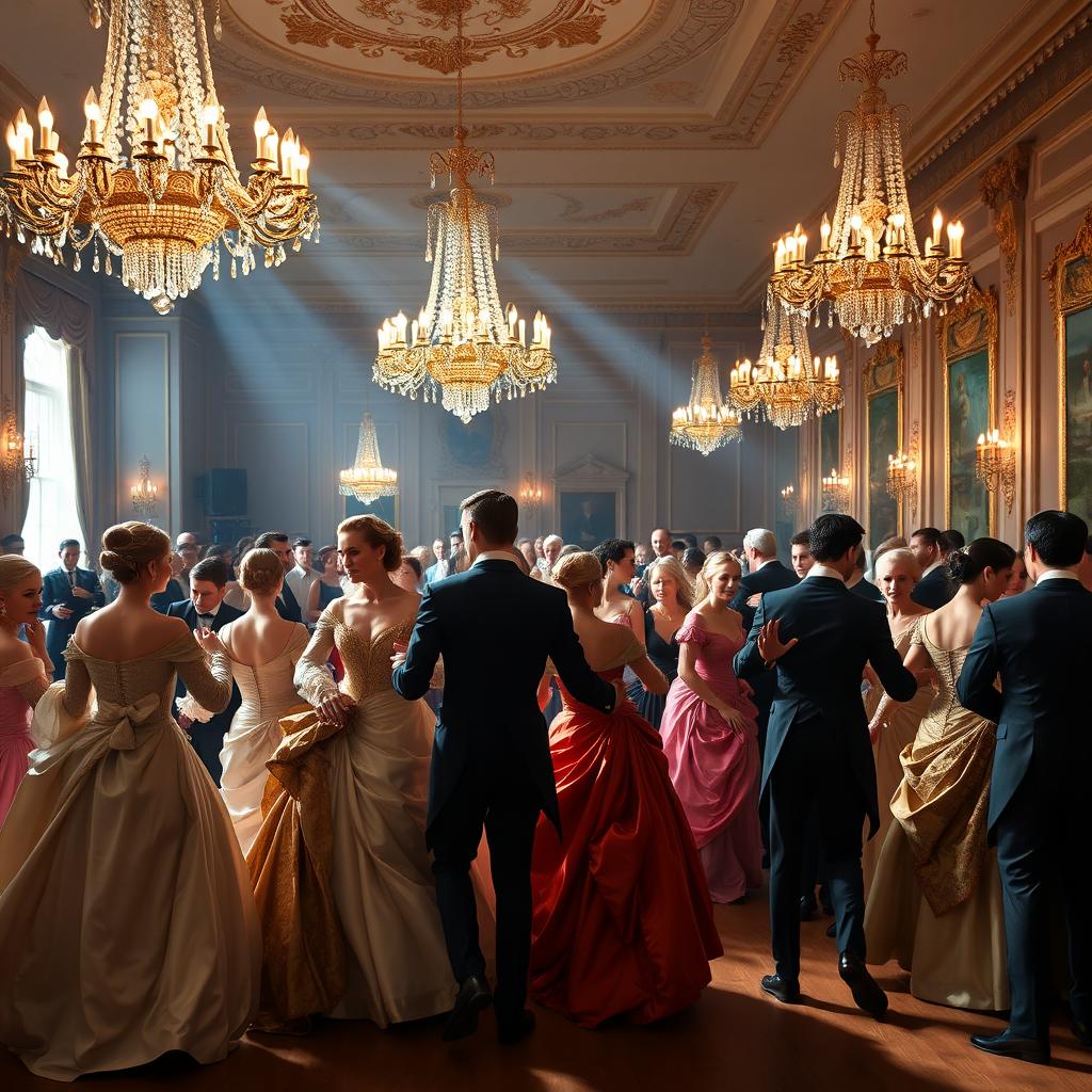 An opulent ballroom filled with elegant, aristocratic dancers from the 18th century