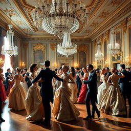 An opulent ballroom filled with elegant, aristocratic dancers from the 18th century