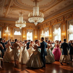 An opulent ballroom filled with elegant, aristocratic dancers from the 18th century