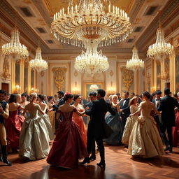 An opulent ballroom filled with elegant, aristocratic dancers from the 18th century