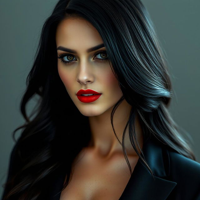 A vampire woman with features that blend Eiza Gonzalez and Isabelle Lightwood, showcasing her distinct beauty and elegance