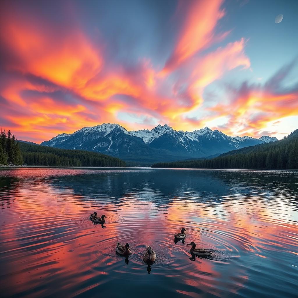 An incredibly beautiful and captivating image of a serene lake during a vivid and colorful sunset, with the sky painted in shades of orange, pink, and purple reflecting on the clear waters of the lake, surrounded by lush green forests