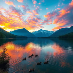 An incredibly beautiful and captivating image of a serene lake during a vivid and colorful sunset, with the sky painted in shades of orange, pink, and purple reflecting on the clear waters of the lake, surrounded by lush green forests