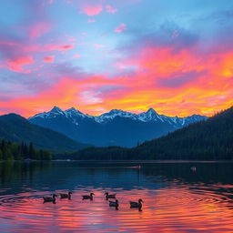 An incredibly beautiful and captivating image of a serene lake during a vivid and colorful sunset, with the sky painted in shades of orange, pink, and purple reflecting on the clear waters of the lake, surrounded by lush green forests