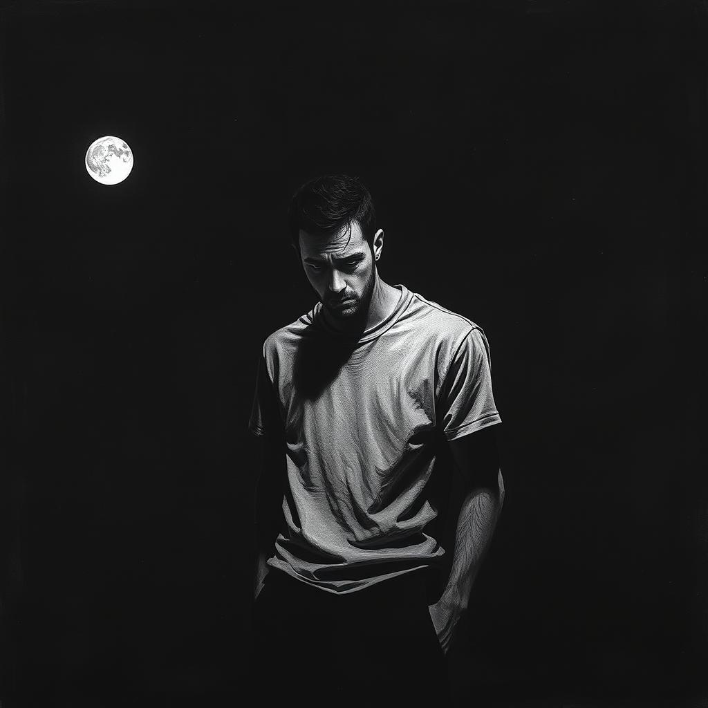 A black and white artwork depicting a sad man at night