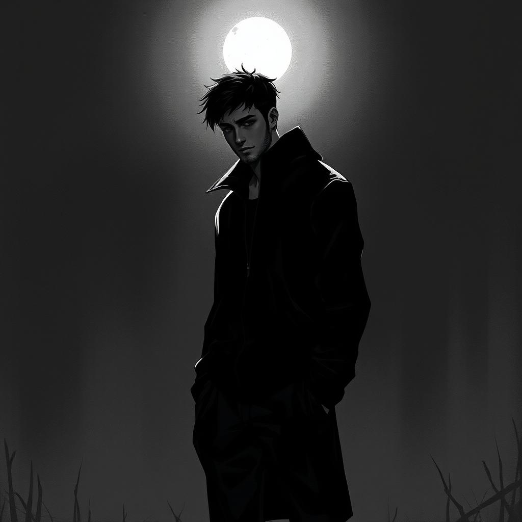 A black and white artwork depicting a sad man at night