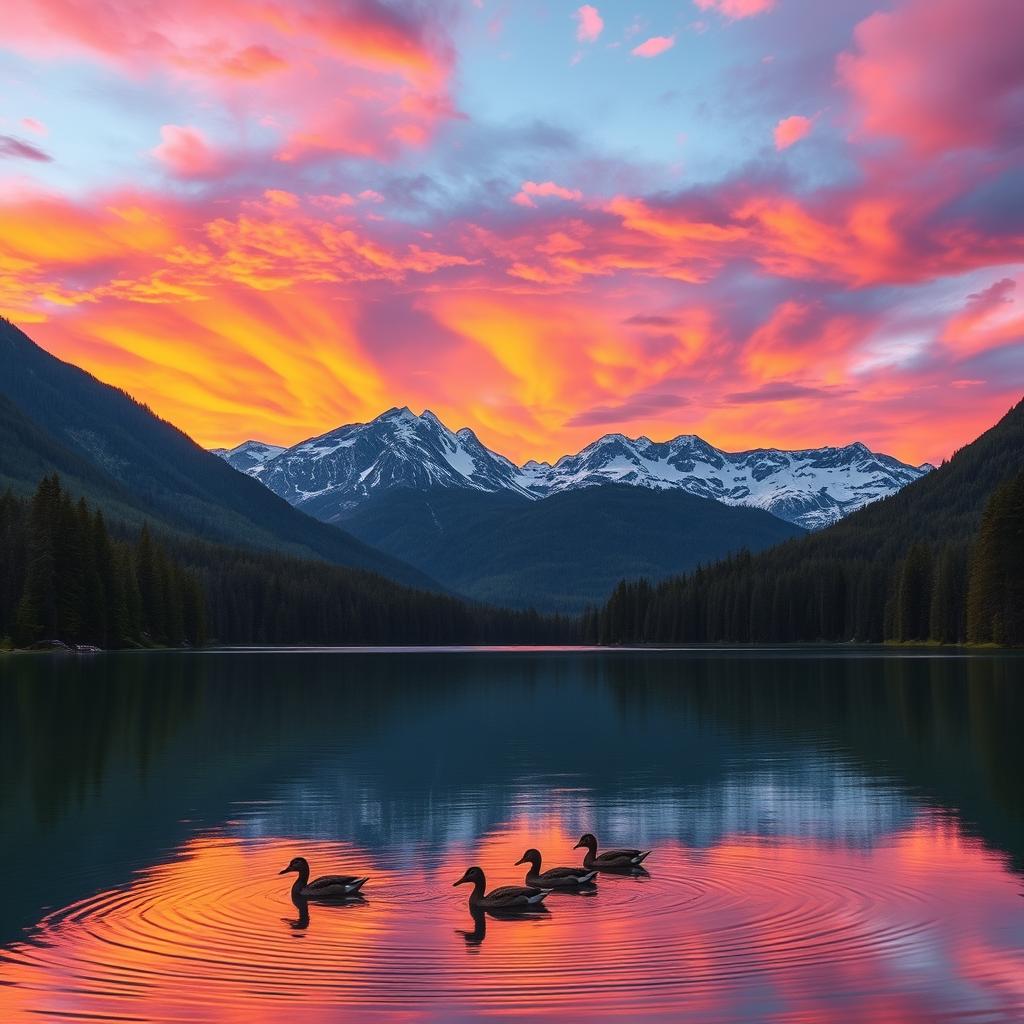 An incredibly beautiful and captivating image of a serene lake during a vivid and colorful sunset, with the sky painted in shades of orange, pink, and purple reflecting on the clear waters of the lake, surrounded by lush green forests