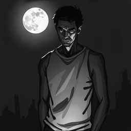 A black and white artwork depicting a sad man at night