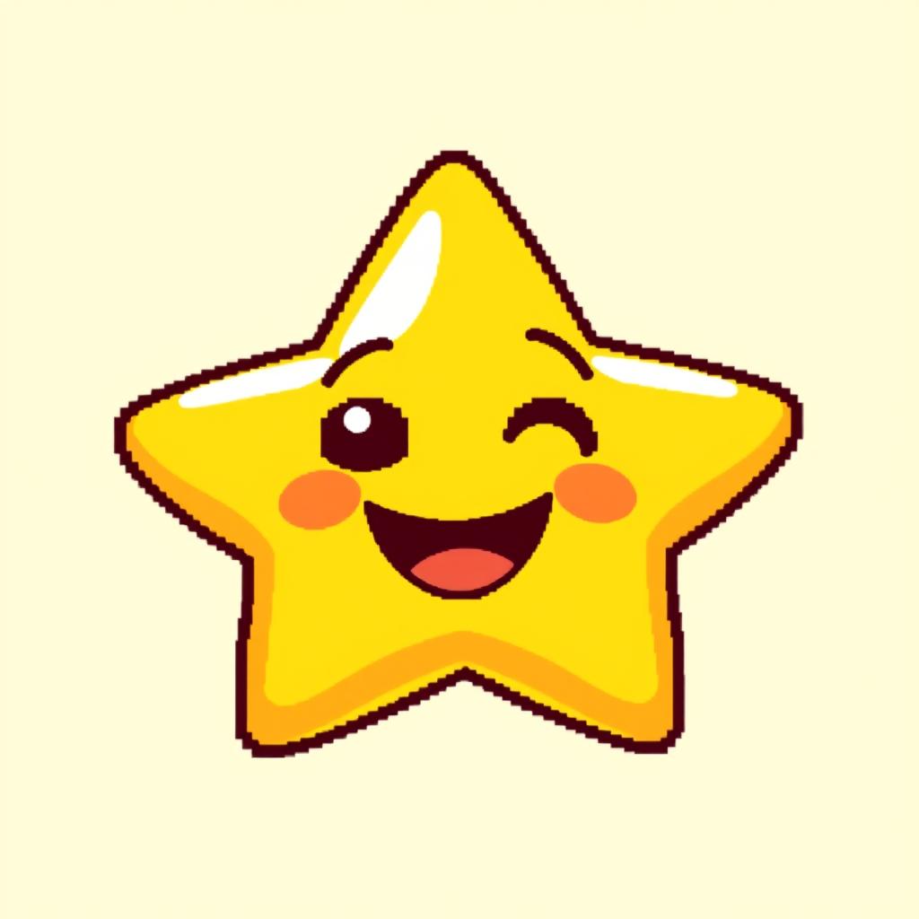 A charming yellow pixelated star with a cute, smiling face