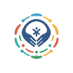 A logo that fuses the Olympic rings with the universal image of a hand-shake, surrounded by symbols of healthcare, illustrating unity and cooperation in medical services as embraced by the Olympic spirit.