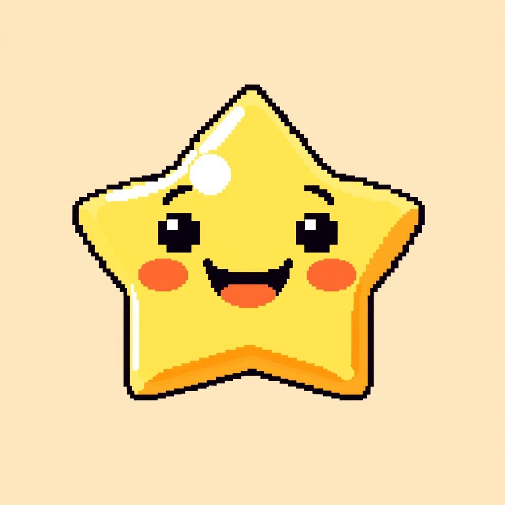 A charming yellow pixelated star with a cute, smiling face rendered in a 64x64 pixel grid