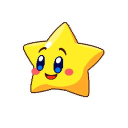 A charming yellow pixelated star with a cute, smiling face rendered in a 64x64 pixel grid