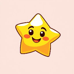 A charming yellow pixelated star with a cute, smiling face rendered in a 64x64 pixel grid